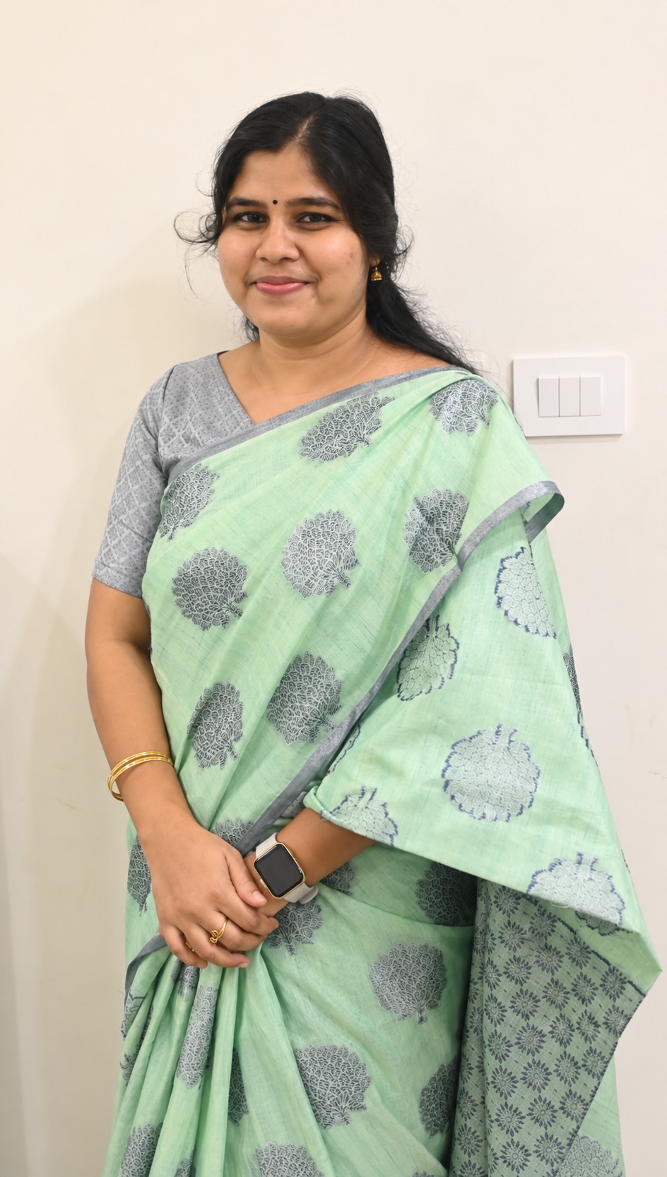 Founder and Director M. Shakunthala Devi in a mint green saree